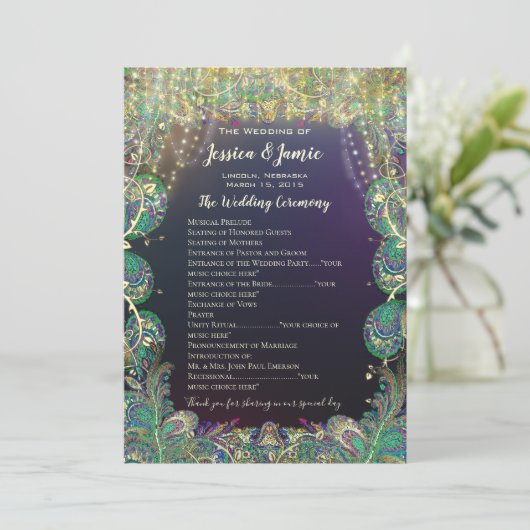 Paisley Peacock Colors Wedding Program Programm (Stehend Vorderseite)