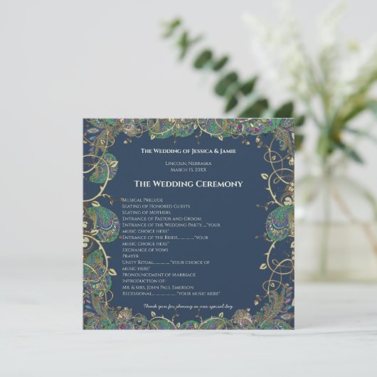 Paisley Peacock Colors Wedding Program Programm (Stehend Vorderseite)