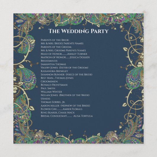 Paisley Peacock Colors Wedding Program Programm (Rückseite)