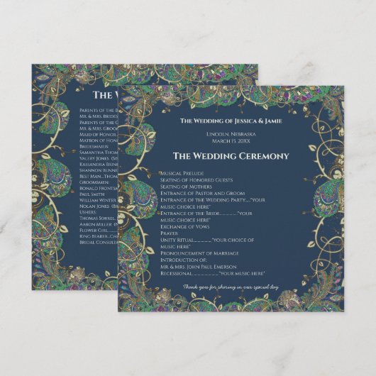 Paisley Peacock Colors Wedding Program Programm (Vorne/Hinten)