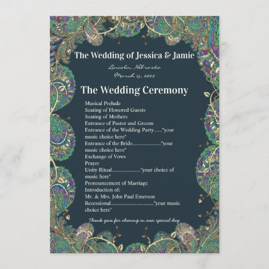 Paisley Peacock Colors Wedding Program Programm (Vorderseite)