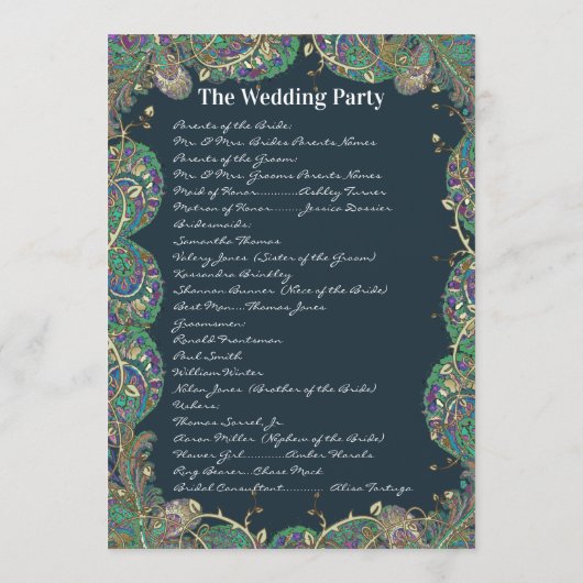 Paisley Peacock Colors Wedding Program Programm (Rückseite)