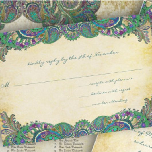 Paisley Peacock Colors Wedding Response Cards RSVP Karte
