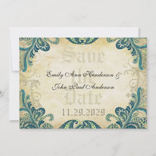 Paisley Peacock Colors Wedding Save the Date (Vorderseite)