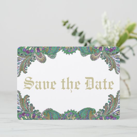 Paisley Peacock Colors Wedding Save the Date (Stehend Vorderseite)