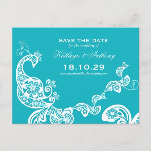 Paisley Peacock Romantic Chic Foto Save the Date Ankündigungspostkarte (Vorderseite)