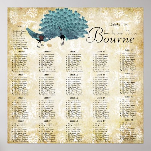 Paisley-Pfau-Farben-Empfangs-Sitzplan Poster (Vorne)