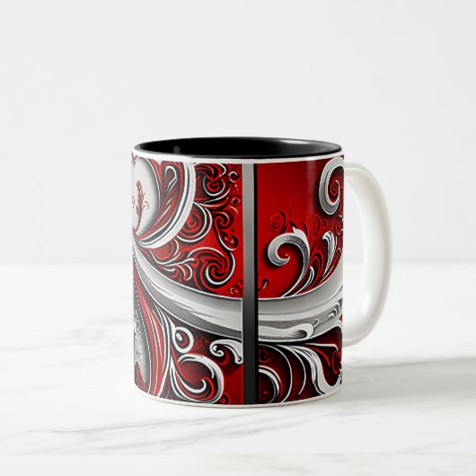 Paisley Swirl Rot, Silber und Weiß 3 Zweifarbige Tasse (VorderseiteRechts)