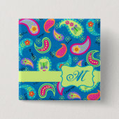 Paisley Turquoise Blue Green Modern Monogram Button (Vorderseite)