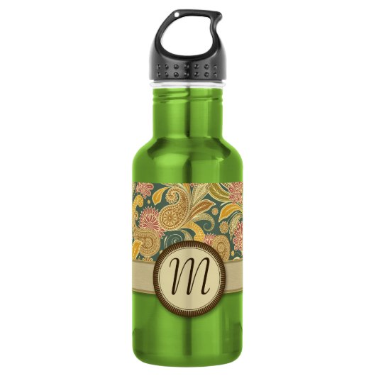 Paisley- und Fan-Blume mit Monogramm Trinkflasche (Vorderseite)