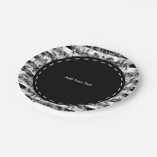 Paisley- und Streifen-Muster | schwarz, Weiß u. Pappteller (Schrägansicht)