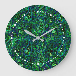 Paisley-Üppigkeit Lebendiges Florales Blau Grün Große Wanduhr