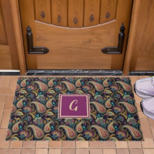 Paisley Vintag Look Black Lila Monogram Initial Fußmatte