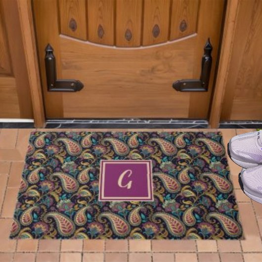 Paisley Vintag Look Black Lila Monogram Initial Fußmatte