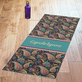 Paisley Vintage Look Schwarz Türkis Lila Monogramm Yogamatte