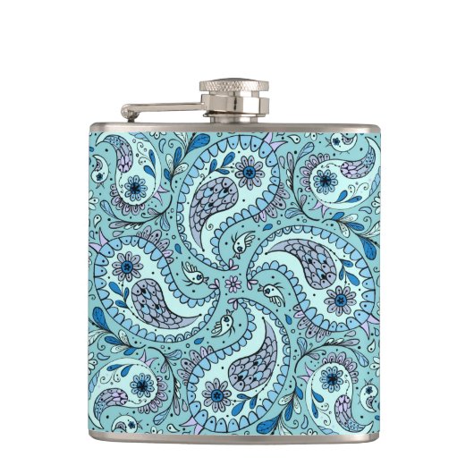 Paisley-Vögel in Babyblau Flachmann (Vorderseite)