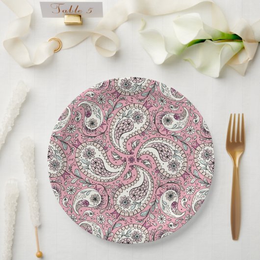 Paisley-Vögel in Babyrosa Pappteller (Hochzeit)