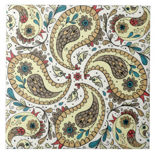 Paisley-Vögel in Gelb/Braun und Weiß Fliese