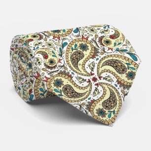 Paisley-Vögel in Gelb/Braun und Weiß Krawatte