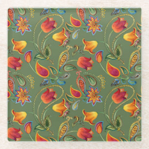 Paisley-Wasserfarbenblumen, nahtloses indisches Mo Glasuntersetzer