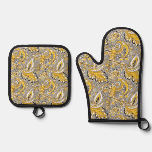 Paisley Yellow Gray Pattern Ofenhandschuh & Topflappen-Set (Vorderseite)