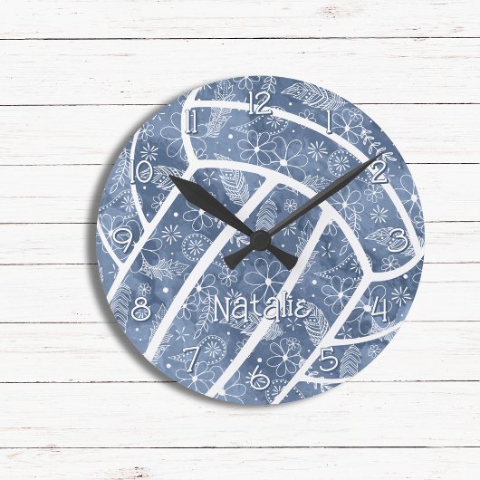 Paisleys Feathers Blume Denim Blue Volleyball Runde Wanduhr