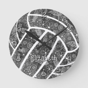Paisleys Feathers Blume schwarz-graue Volleyball Runde Wanduhr