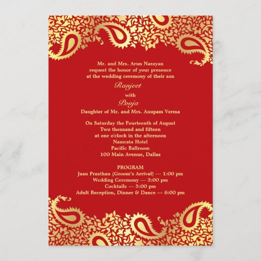 Paisleys Hochzeit mit Programm Flat Einladung (Vorderseite)