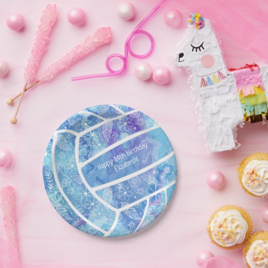 Paislies Blume Federn Muster blau Volleyball Pappteller (Party)