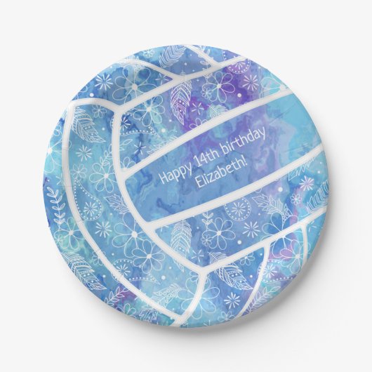 Paislies Blume Federn Muster blau Volleyball Pappteller (Vorderseite)
