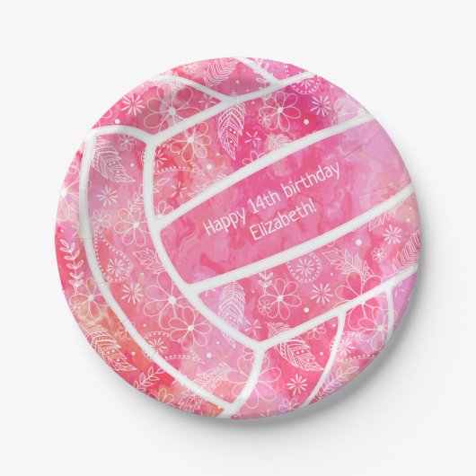 Paislies Blume federn rosa Volleyball Party Pappteller (Vorderseite)