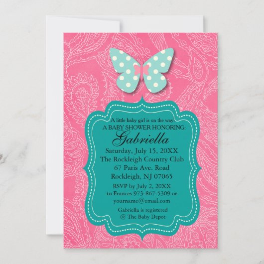 Paisly Pink mit Butterfly Baby Dusche Einladung (Vorderseite)