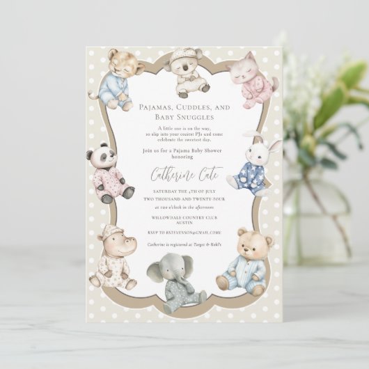 Pajama Party Animal Theme Baby Shower  Einladung (Stehend Vorderseite)