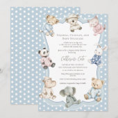 Pajama Party Animal Theme Blue Baby Shower  Einladung (Vorne/Hinten)