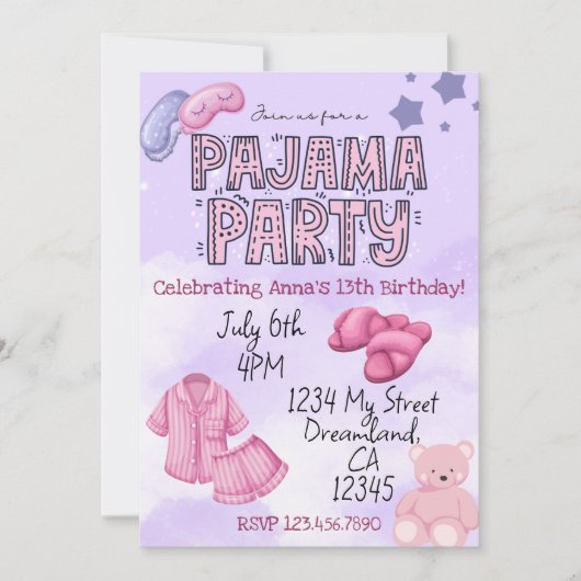 Pajama Party Birthday Einladung (Vorderseite)