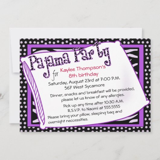 Pajama-Party in Schwarz und Lila Einladung (Vorderseite)