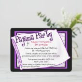 Pajama Party in Schwarz und Lila Einladung (Stehend Vorderseite)