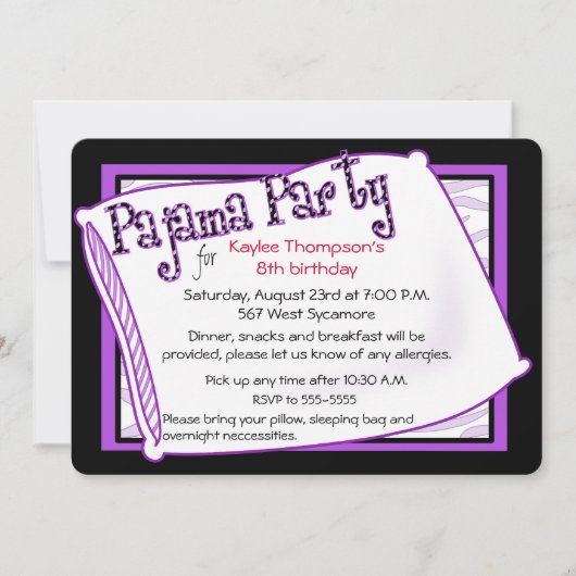 Pajama Party in Schwarz und Lila Einladung (Vorderseite)
