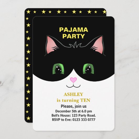 Pajama Party & Niedlich Tuxedo Katze Einladung (Vorne/Hinten)