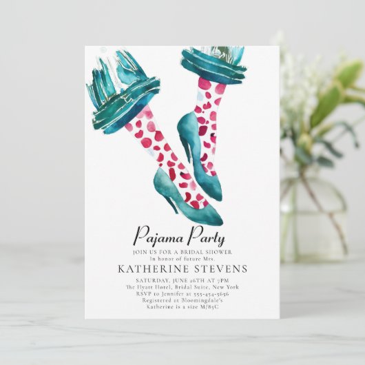 Pajama Party Pink Aquamarin PJ Stilettos Brautpart Einladung (Stehend Vorderseite)