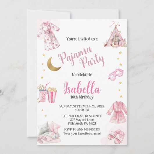 Pajama Party Sleepover Party Wasserfarbe Einladung (Vorderseite)