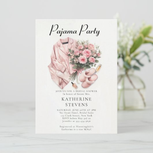 Pajama Party Slumber Rose Champagne Brautparty Einladung (Stehend Vorderseite)
