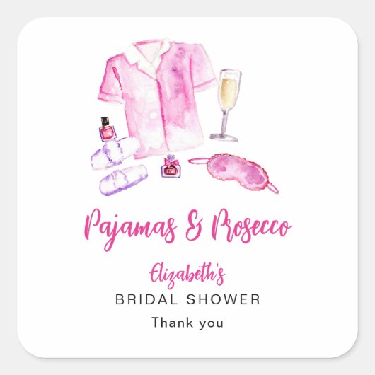 Pajamas and Prosecco Bridal Shower Pink Custom Quadratischer Aufkleber (Vorderseite)