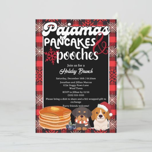 Pajamas Pancakes und Pooches Weihnachtsbrunch Einladung (Stehend Vorderseite)