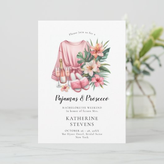 Pajamas Prosecco Bachelorette Einladung (Stehend Vorderseite)