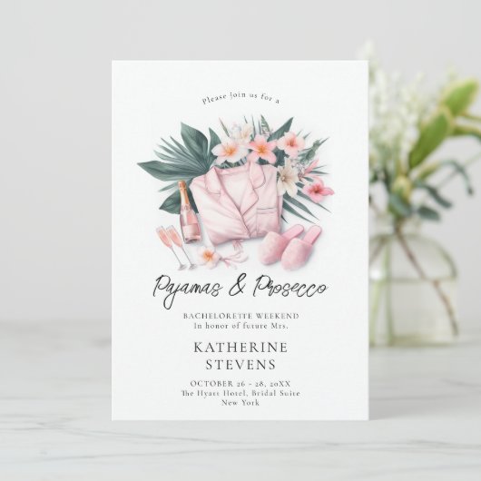 Pajamas Prosecco Bachelorette Tropical 3 Route Einladung (Stehend Vorderseite)