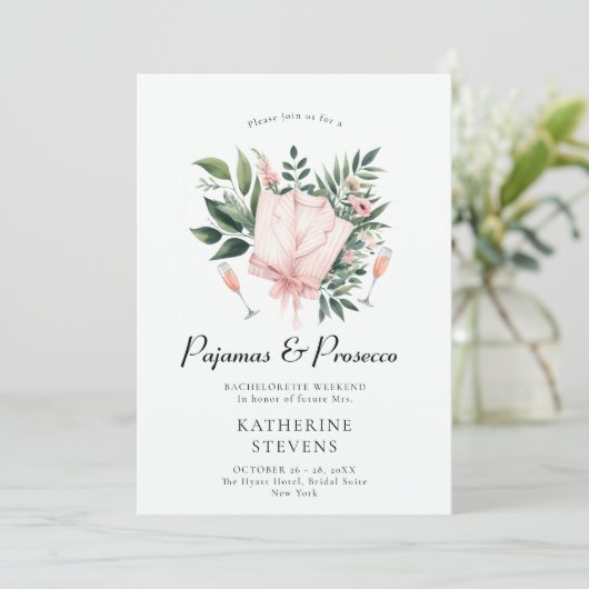 Pajamas Prosecco Leaf Junggeselinnen-Abschied Itin Einladung (Stehend Vorderseite)