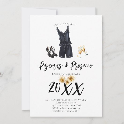 Pajamas Prosecco PJ Slumber Black New Year Party Einladung (Vorderseite)