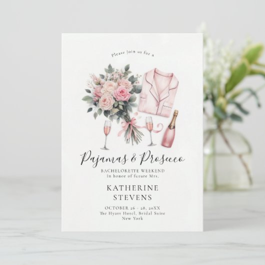 Pajamas Prosecco Rose Junggeselinnen-Abschied Itin Einladung (Stehend Vorderseite)