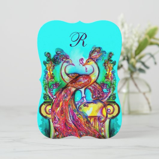 PAKETE IN LIEBE MONOGRAM Rot Aquamarin Blau Grün Einladung (Stehend Vorderseite)